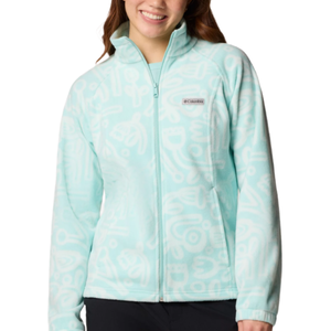 A turquoise fleece jacket with a white abstract pattern, front zipper, and side pockets, featuring the Columbia logo on the chest.