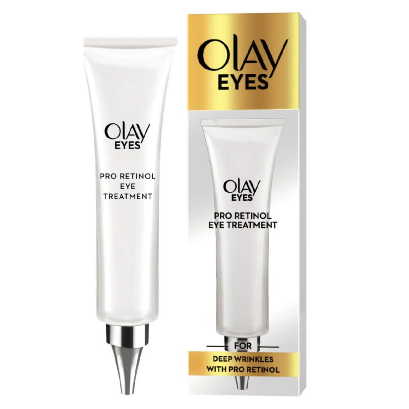 Olay Eyes Pro Retinol Eye Treatment for deep wrinkles, displayed in a tube and packaging with gold and white design elements.