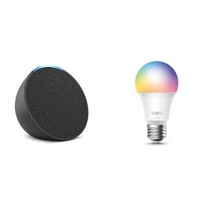 A black circular smart speaker and a white spherical LED smart bulb with color-changing capabilities.