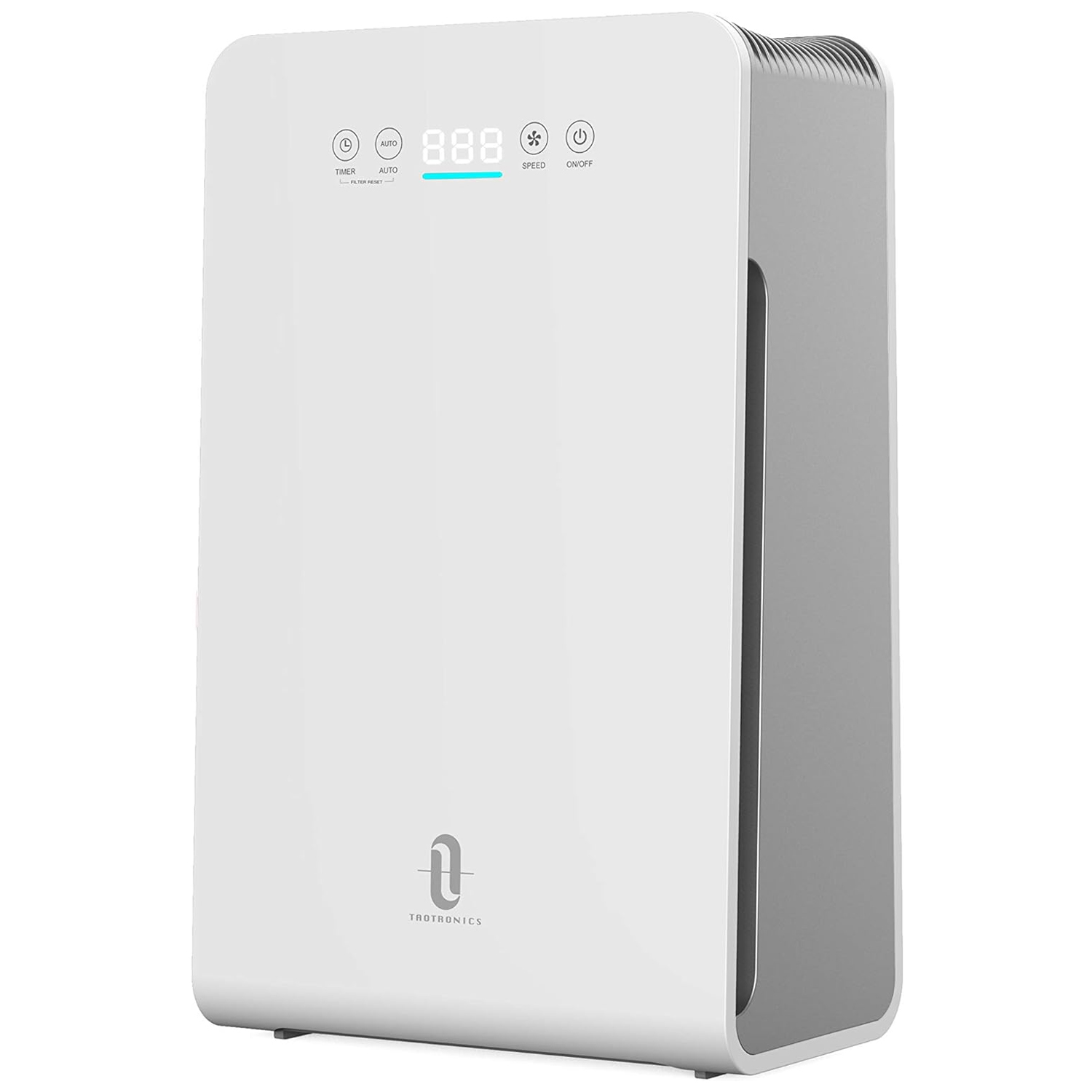 A sleek, white air purifier designed for large rooms with touch controls, digital display, and settings for timer, auto mode, speed, and on/off functions.