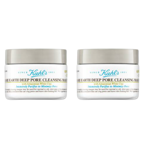 Two jars of Kiehl's Rare Earth Deep Pore Cleansing Mask, featuring Amazonian White Clay, designed to intensively purify and minimize pores for normal to oily skin types.