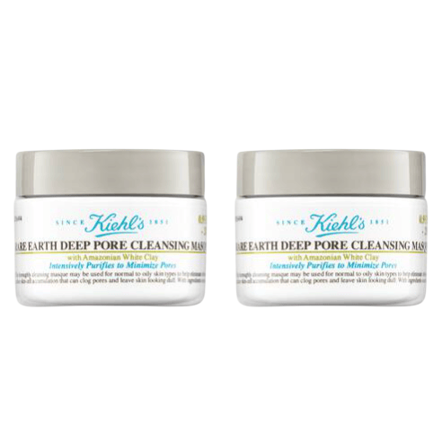 Two jars of Kiehl's Rare Earth Deep Pore Cleansing Mask, featuring Amazonian White Clay, designed to intensively purify and minimize pores for normal to oily skin types.