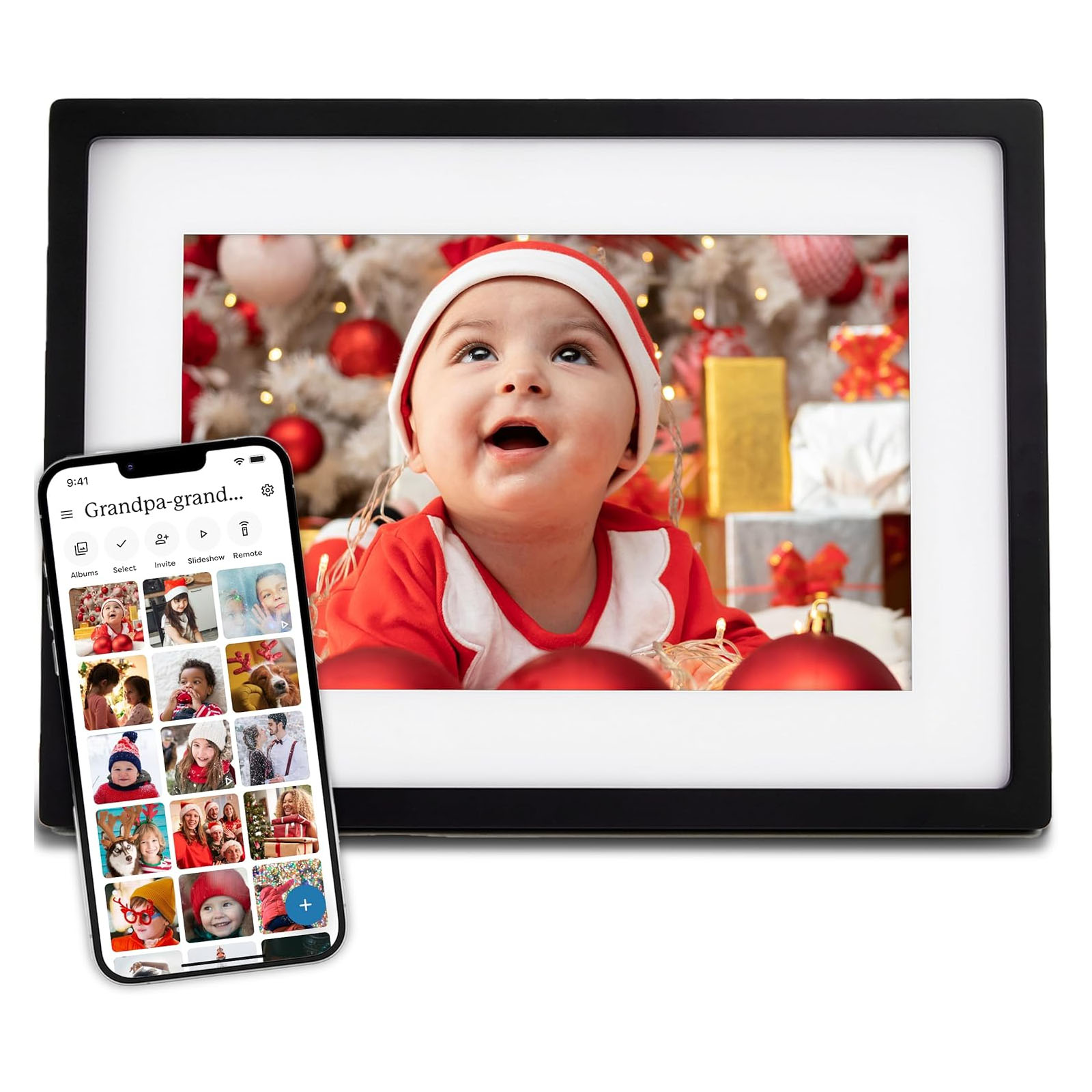 A Skylight Digital Photo Frame displaying a holiday-themed image of a baby in red and white attire, accompanied by a smartphone app interface showing various photos. The frame has a black border and is designed for easy digital photo sharing and display.