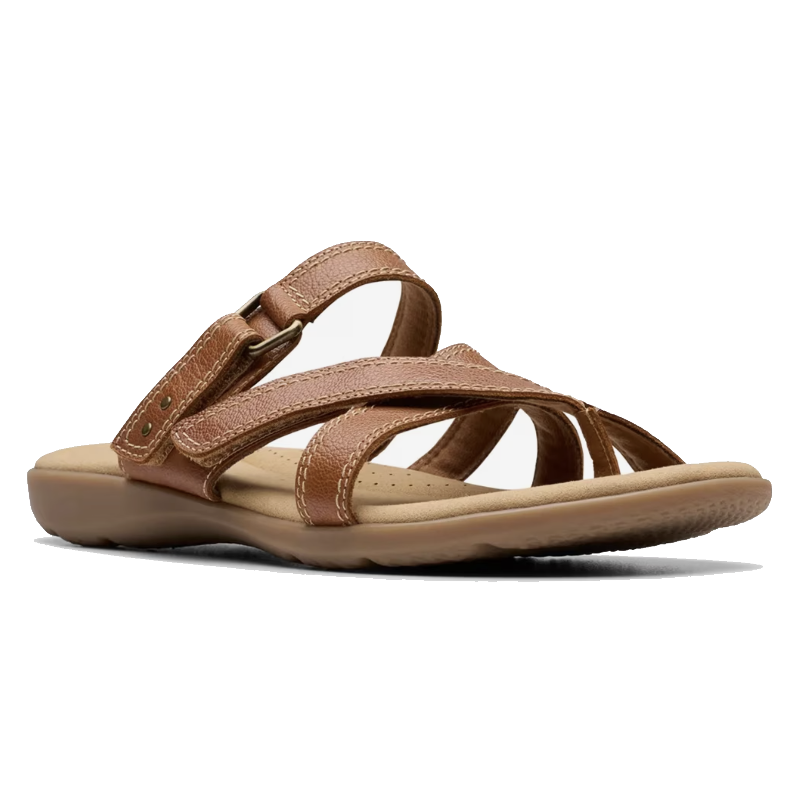 Brown strappy sandal with adjustable buckle, cushioned insole, and textured sole.