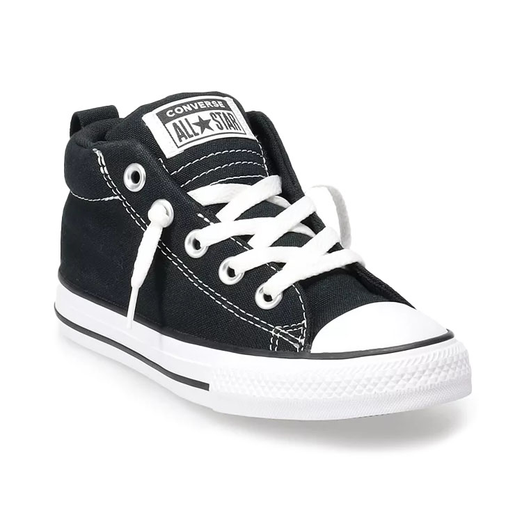 Kids' Converse Mid Sneakers in black feature a canvas upper with white laces, white tips, and a rubber sole. A \“Converse All Star\“ logo is on the tongue, with classic stitching and eyelets for ventilation.