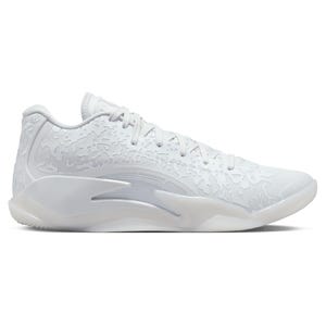 White athletic sneaker with a textured upper design and swooping sole silhouette.