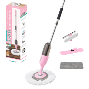 Spray mop kit with a pink handle, includes a cleaning pad, squeegee attachment, and extra microfiber pad. Designed for versatile floor cleaning.
