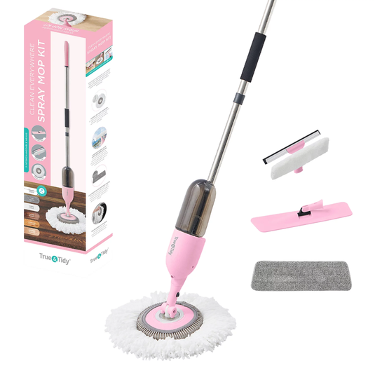 Spray mop kit with a pink handle, includes a cleaning pad, squeegee attachment, and extra microfiber pad. Designed for versatile floor cleaning.