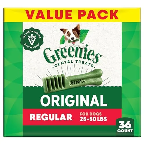 Greenies Dental Treats Original Value Pack for dogs weighing 25-50 lbs, 36-count.