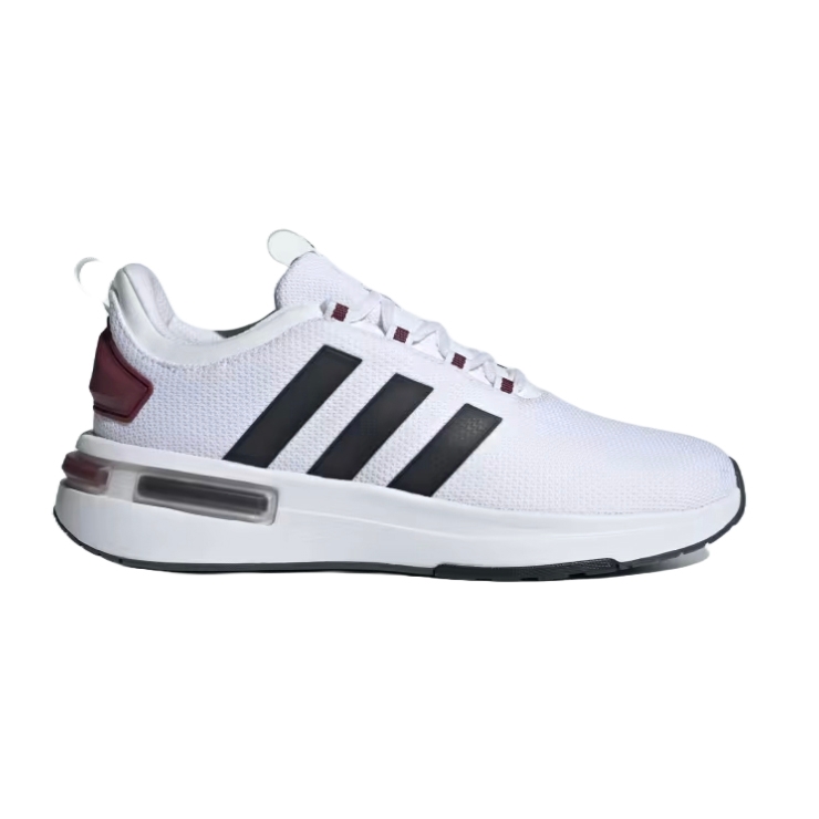 White athletic sneaker with burgundy accents and visible cushioning in the heel.