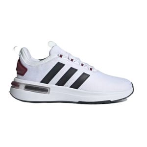 White athletic sneaker with burgundy accents and visible cushioning in the heel.