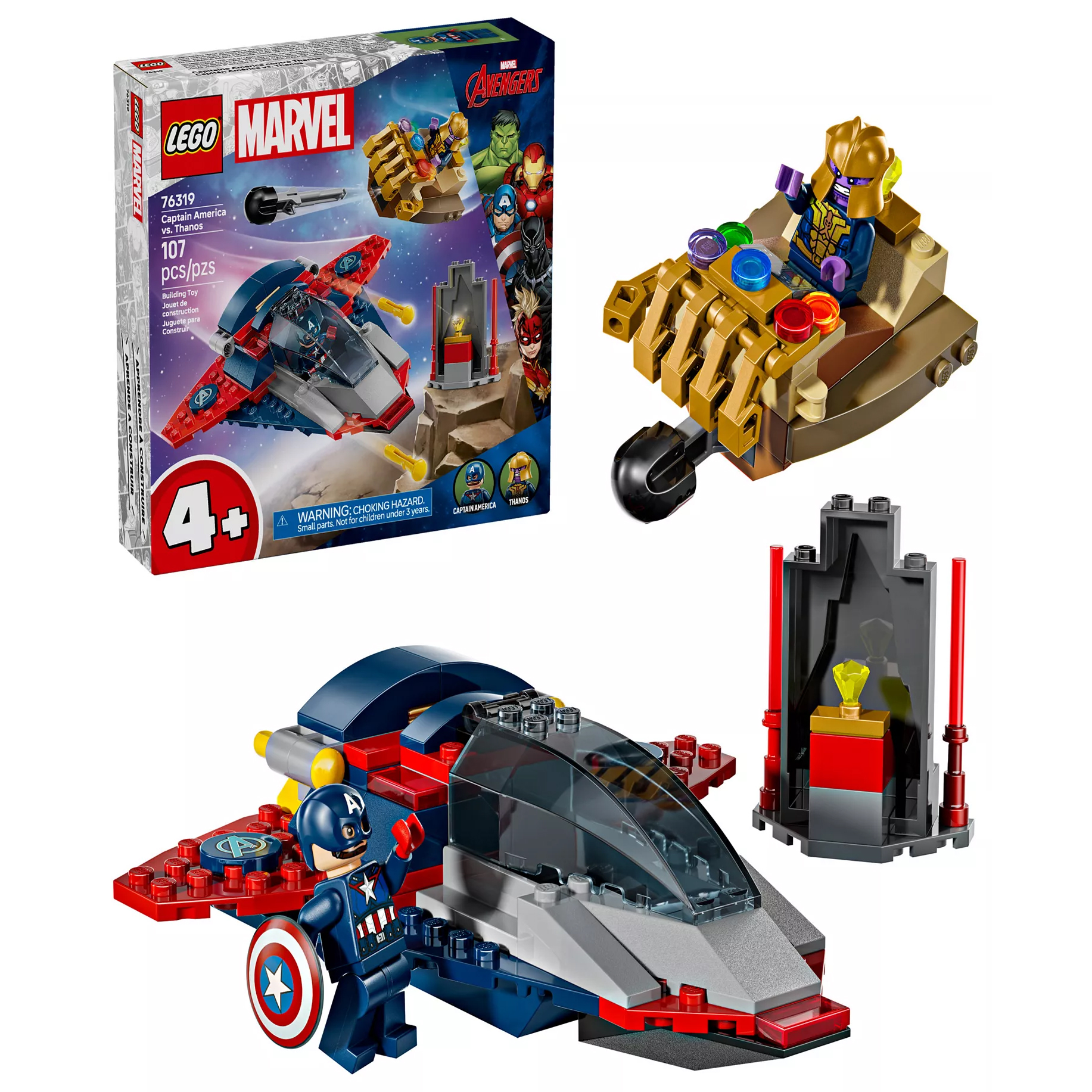LEGO Marvel Avengers set 76189 features Captain America and Thanos minifigures, with a jet and accessories for imaginative play, recommended for ages 4 and up.