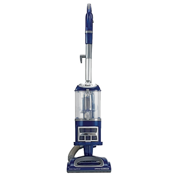 A Shark Navigator upright vacuum cleaner with a transparent dust cup and a blue and silver color scheme.