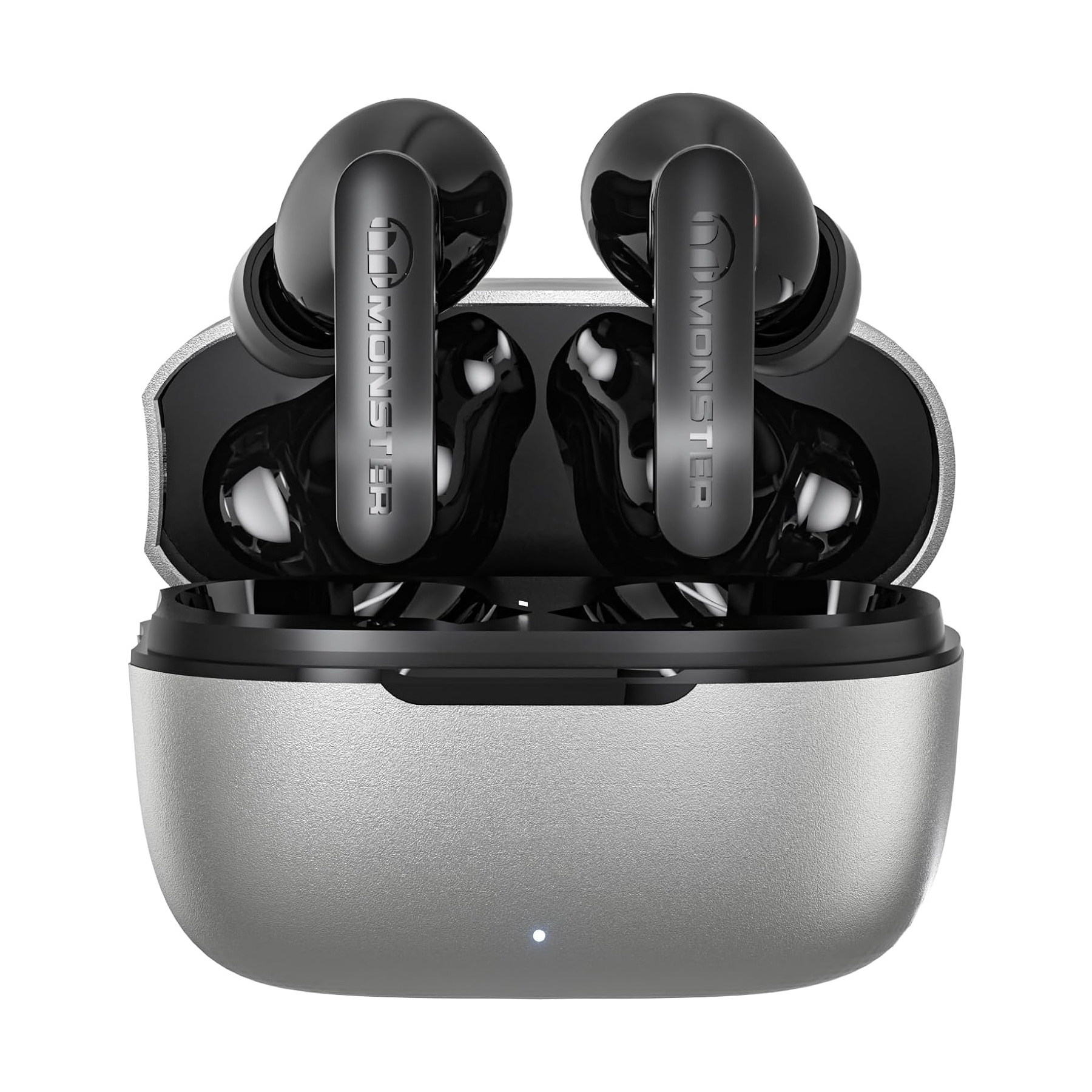 A pair of black wireless earbuds with the brand name \“MONSTER\“ are displayed, resting inside their open, metallic gray charging case with a visible indicator light.