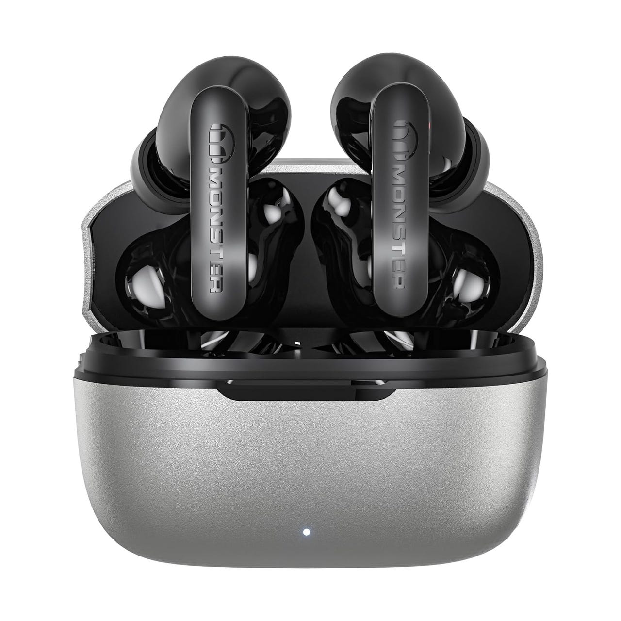 A pair of black wireless earbuds with the brand name \“MONSTER\“ are displayed, resting inside their open, metallic gray charging case with a visible indicator light.