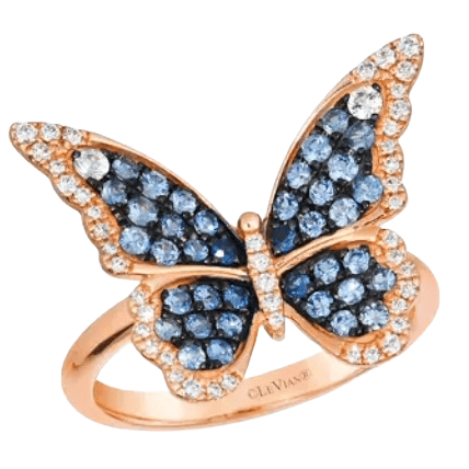 A butterfly-shaped ring in rose gold, adorned with blue and white gemstones by Le Vian.