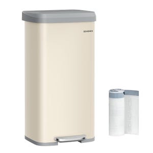 18-gallon stainless trash can with a beige body, gray lid and base, and a foot pedal. Includes a roll of trash bags beside it.