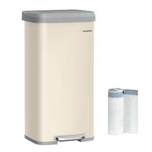 18-gallon stainless trash can with a beige body, gray lid and base, and a foot pedal. Includes a roll of trash bags beside it.
