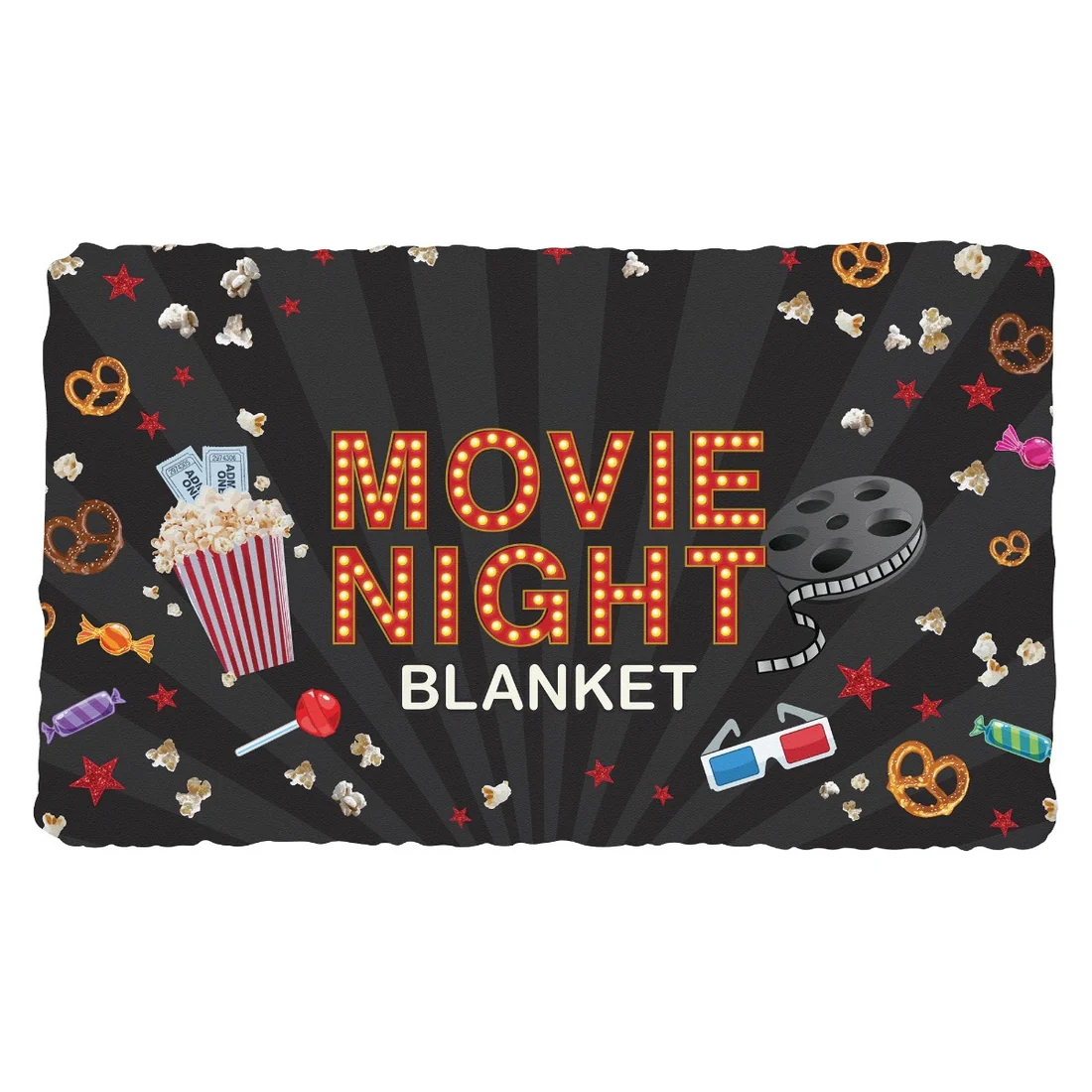\“Movie Night Blanket\“ features popcorn, tickets, 3D glasses, film reel, pretzels, candy, and red stars on a black background.