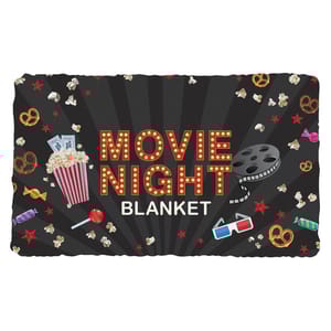 \“Movie Night Blanket\“ features popcorn, tickets, 3D glasses, film reel, pretzels, candy, and red stars on a black background.
