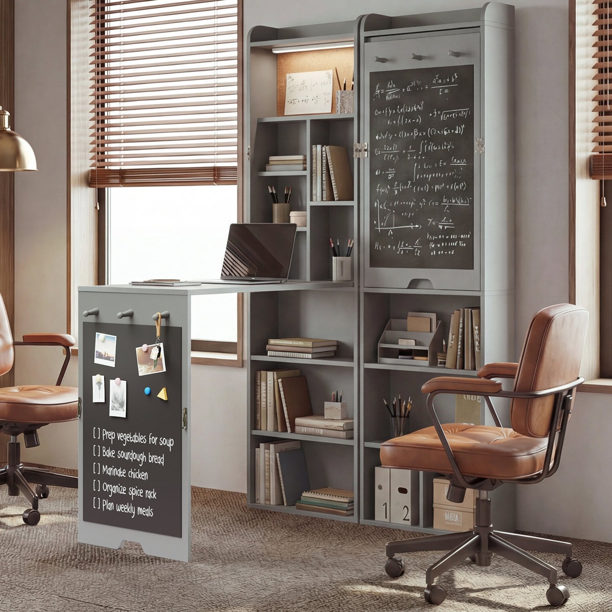A multifunctional desk with built-in shelves and a foldable table features a blackboard surface, storage for books and office supplies, and a to-do list. It also includes a laptop, two leather chairs, and wall-mounted accessories for organization.
