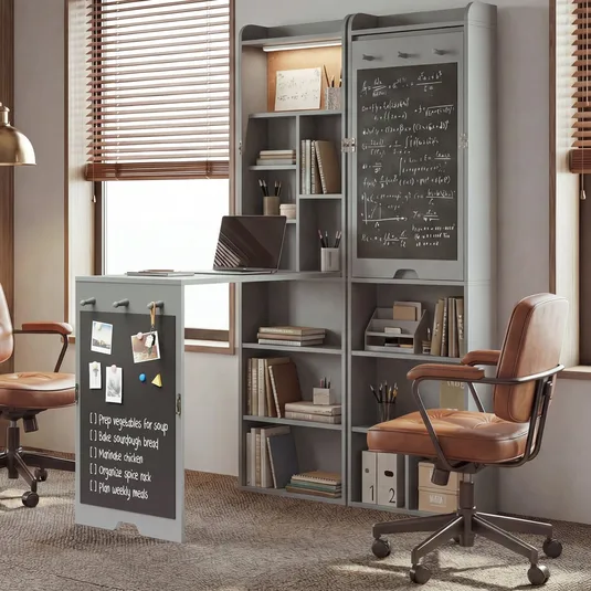A multifunctional desk with built-in shelves and a foldable table features a blackboard surface, storage for books and office supplies, and a to-do list. It also includes a laptop, two leather chairs, and wall-mounted accessories for organization.