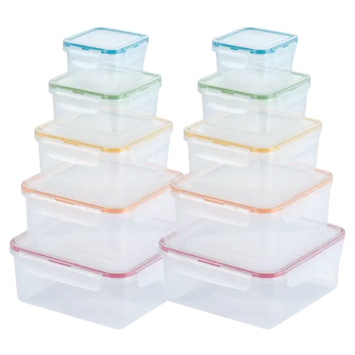 A set of stackable, transparent plastic food storage containers with color-coded lids in four different sizes.