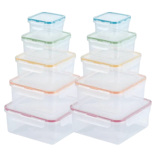 A set of stackable, transparent plastic food storage containers with color-coded lids in four different sizes.