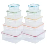 A set of stackable, transparent plastic food storage containers with color-coded lids in four different sizes.