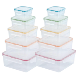 A set of stackable, transparent plastic food storage containers with color-coded lids in four different sizes.