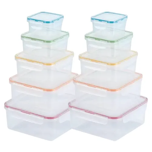 A set of stackable, transparent plastic food storage containers with color-coded lids in four different sizes.