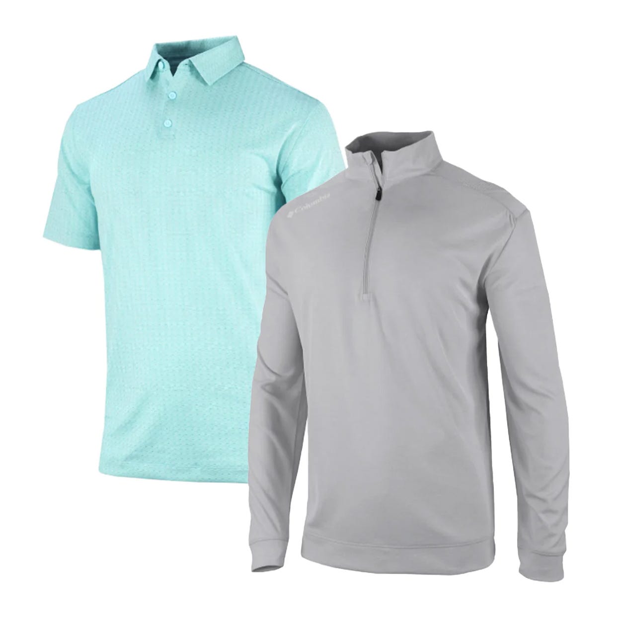 A light blue short-sleeve polo shirt with a subtle pattern is paired with a light gray long-sleeve quarter-zip pullover.