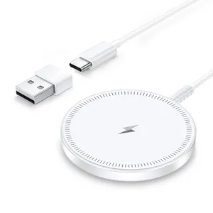 A round, white wireless charging pad with a USB-C connector and a detactable adapter for USB-A connections.