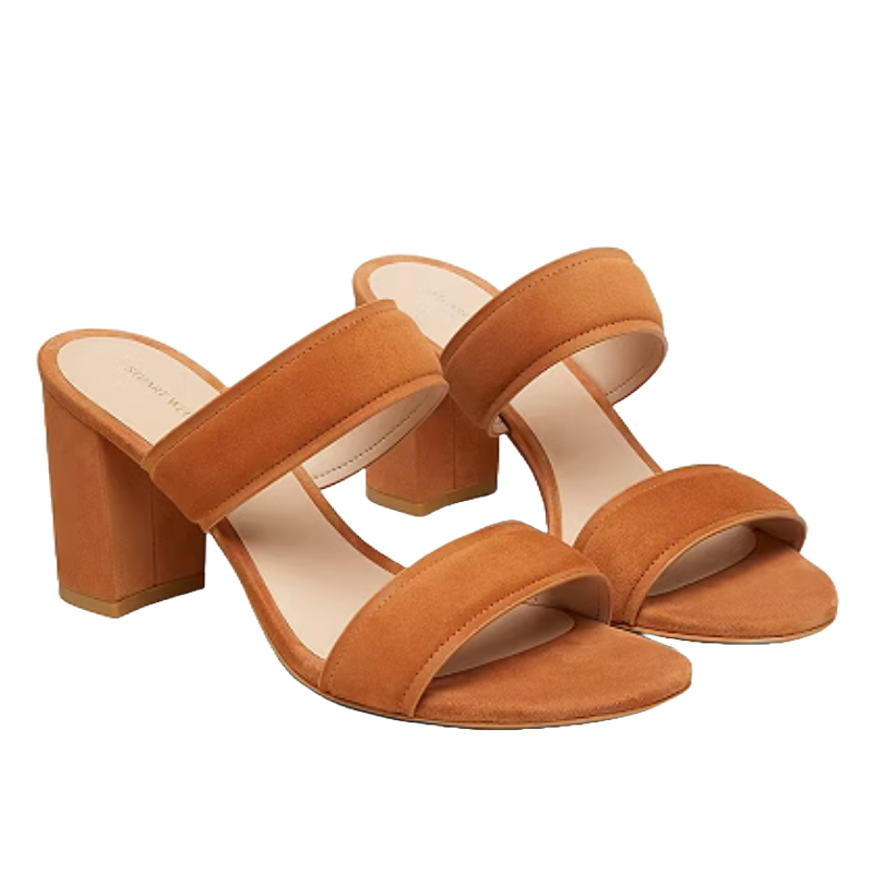 Sydney 75 Strap Heels are tan block-heeled sandals featuring two wide suede straps over the foot and an open toe design.