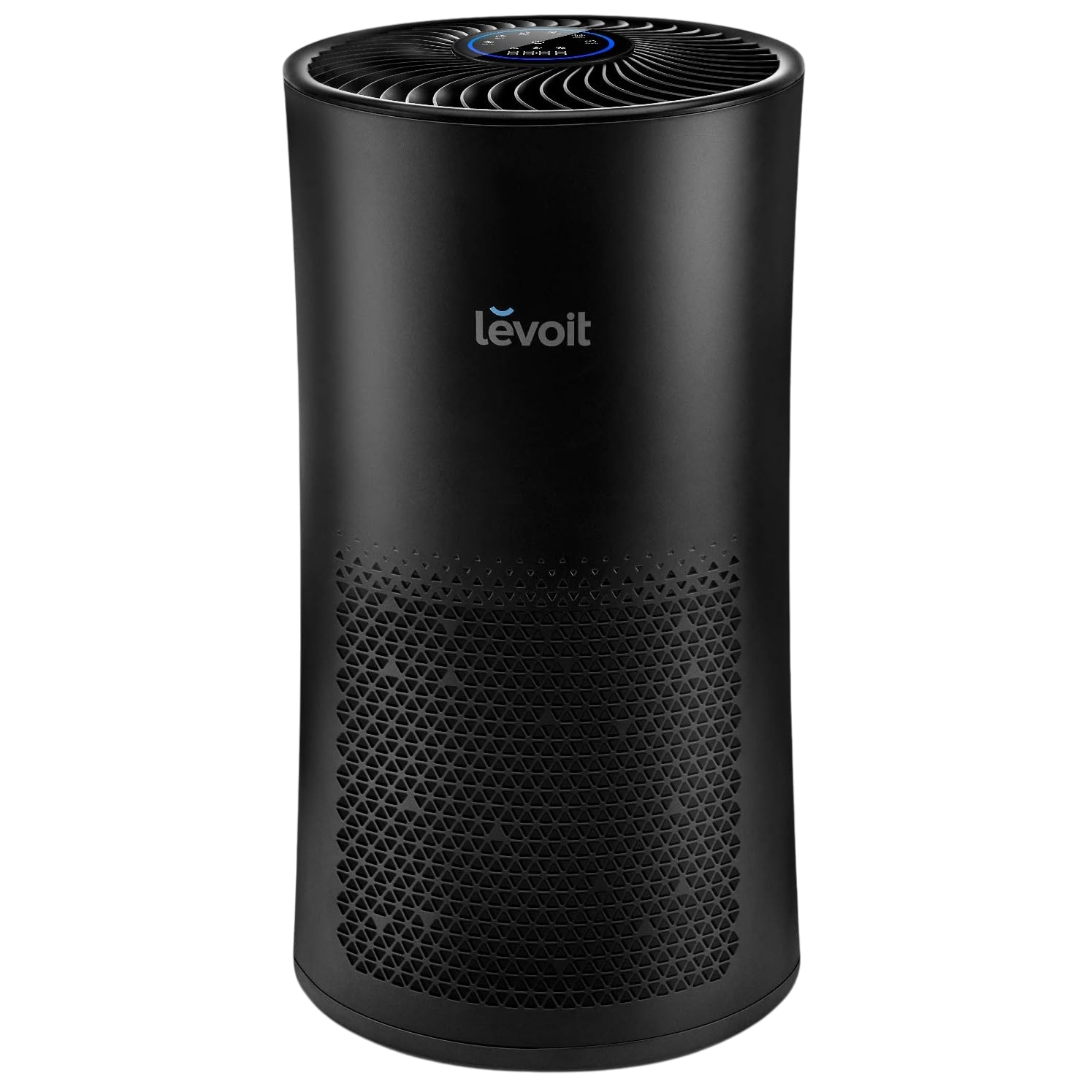 A black Levoit air purifier with a cylindrical design, featuring a top control panel and a perforated lower section for air intake.