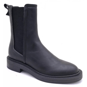 Black Chelsea boot with elastic side panel, pull-tab at the back, and a thick sole.