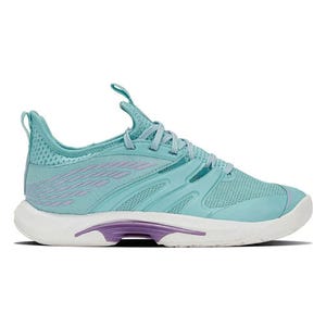 Teal athletic shoe with a breathable mesh design, light purple accents, and a white sole, suitable for casual or active wear.