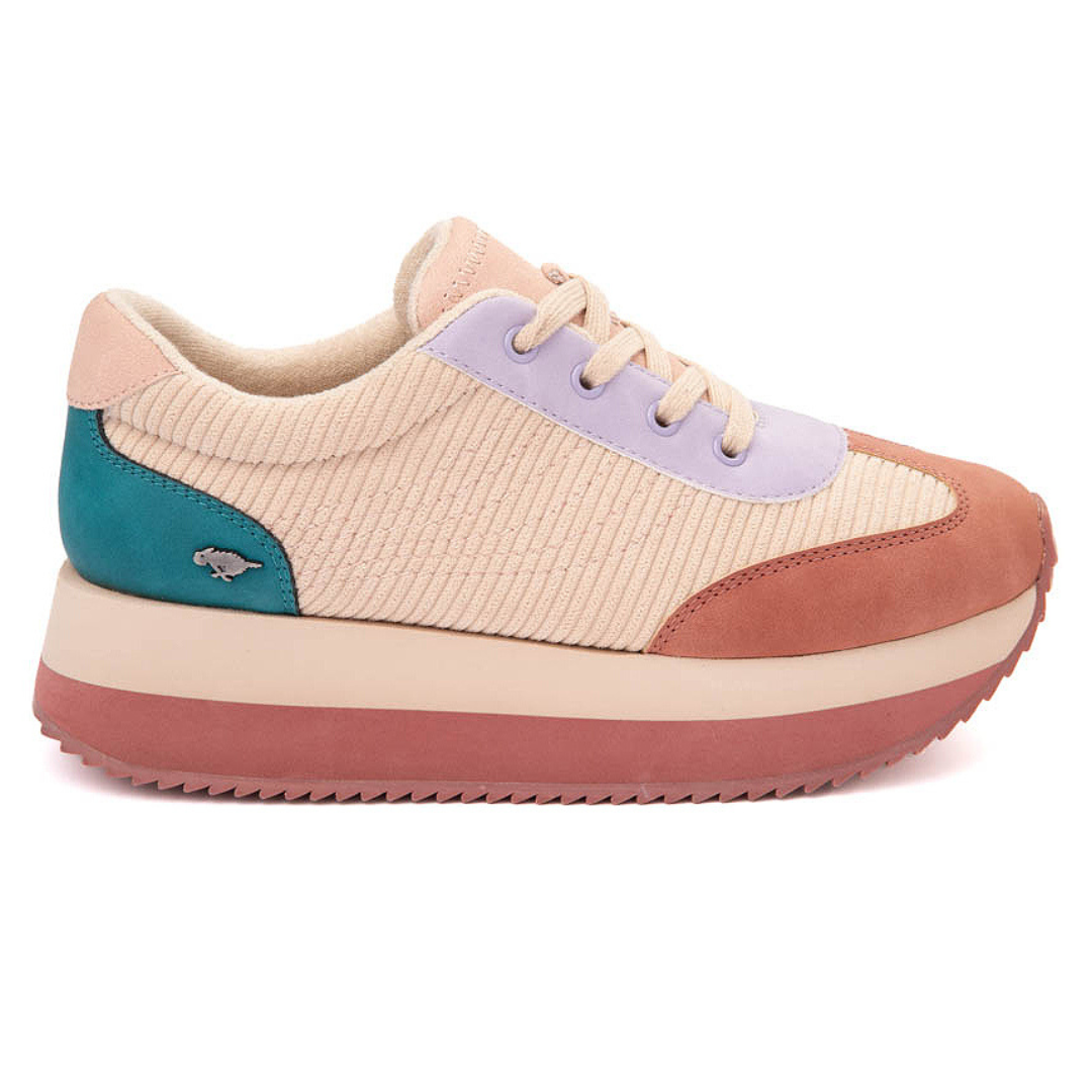 Rocket Dog Rapid Joggers are low-top sneakers featuring a multi-color design with textures including ribbed fabric and suede panels in tones of beige, lavender, teal, and rust, with a thick, layered platform sole.