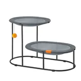 Two-tiered cat perch with a metal frame, featuring trampoline-style mesh surfaces, an inviting orange accent, and a hanging pom-pom toy.