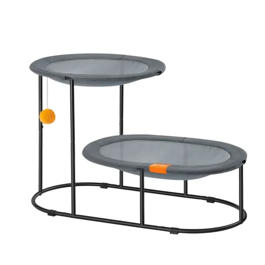 Two-tiered cat perch with a metal frame, featuring trampoline-style mesh surfaces, an inviting orange accent, and a hanging pom-pom toy.