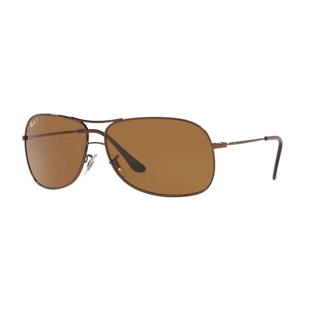 Brown aviator sunglasses with a thin metal frame and polarized lenses, featuring a subtle brand logo on the upper corner of one lens.