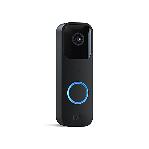 A black Blink Video Doorbell with a prominent blue-ringed button and a camera lens at the top.