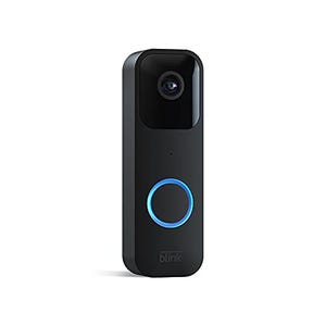 A black Blink Video Doorbell with a prominent blue-ringed button and a camera lens at the top.