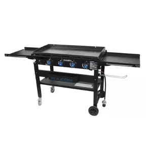 A Razor griddle with four burners, side shelves, and a wheeled cart for mobility.