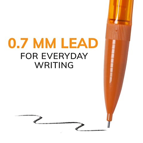 An orange BIC mechanical pencil with 0.7 mm lead, advertised for everyday writing, is displayed alongside a sample of line it can draw.