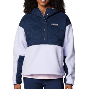 Two-tone pullover jacket featuring a navy quilted top with snap buttons and a white fleece lower section, designed by Columbia.
