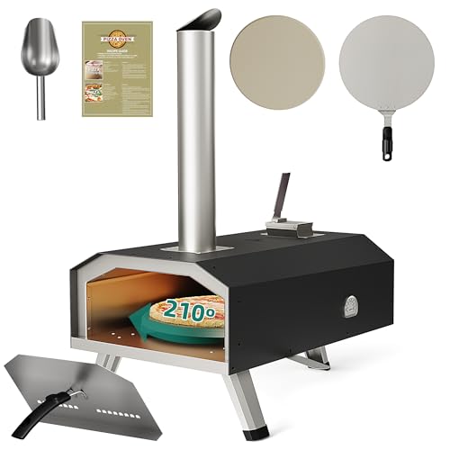 Outdoor pizza oven set includes a pizza oven, chimney, pizza peel, pizza stone, and a shovel, with an instruction manual.