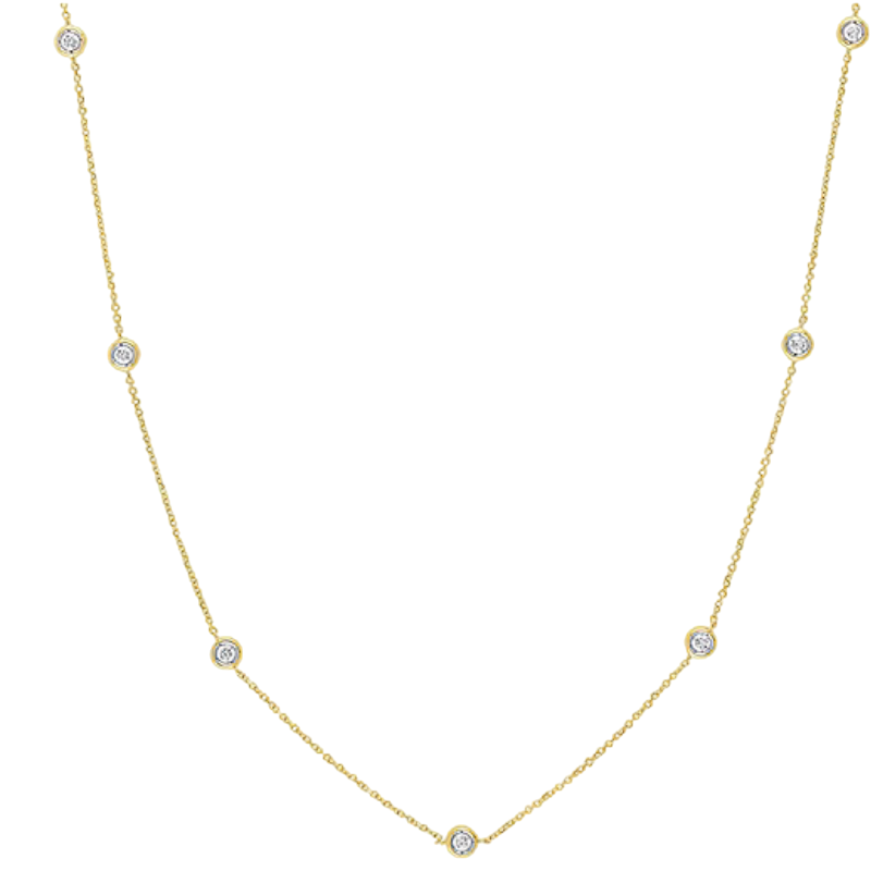 Gold chain necklace featuring evenly spaced small round diamond or cubic zirconia stones set in bezels.