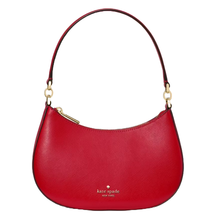 A red Kate Spade New York shoulder bag with a curved shape, gold hardware, and a top zipper closure.