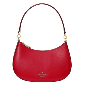 A red Kate Spade New York shoulder bag with a curved shape, gold hardware, and a top zipper closure.